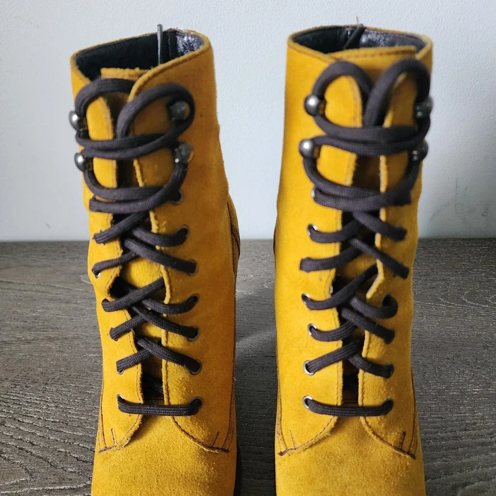 Miu Miu Mustard Yellow Suede Ankle Bootie Combat US 5.5 EU 35.5 Y2K Whimsigoth